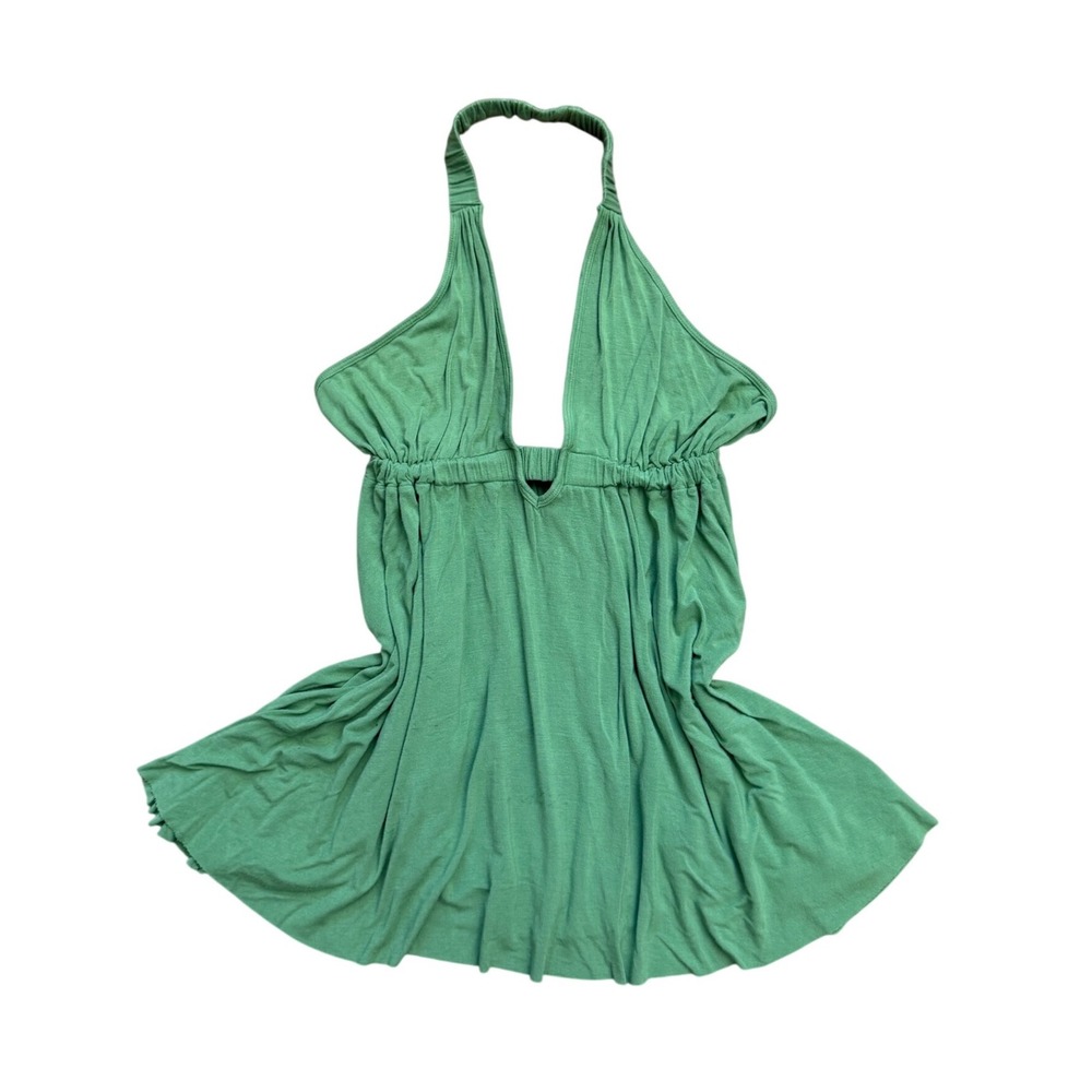 Vintage Y2K Babydoll Halter Top Green Boho Deep V Neck Small Coastal going out